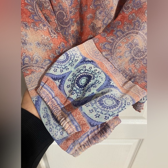 Lucky Brand Boho Tassel Tie Lightweight Coastal Paisley Sheer Blouse Size Medium - Picture 5 of 10